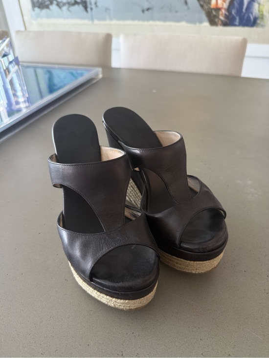 Jimmy Choo Shoes - Black Leather Espadrille Platform Mule - Women's Shoes